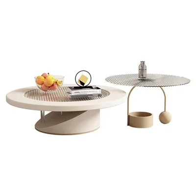N Qiji كريم نمط غرفة المعيشة طاولة القهوة الزجاجية البسيطة الخفيفة الفاخرة شقة صغيرة الإبداعية طاولة شاي مستديرة #5