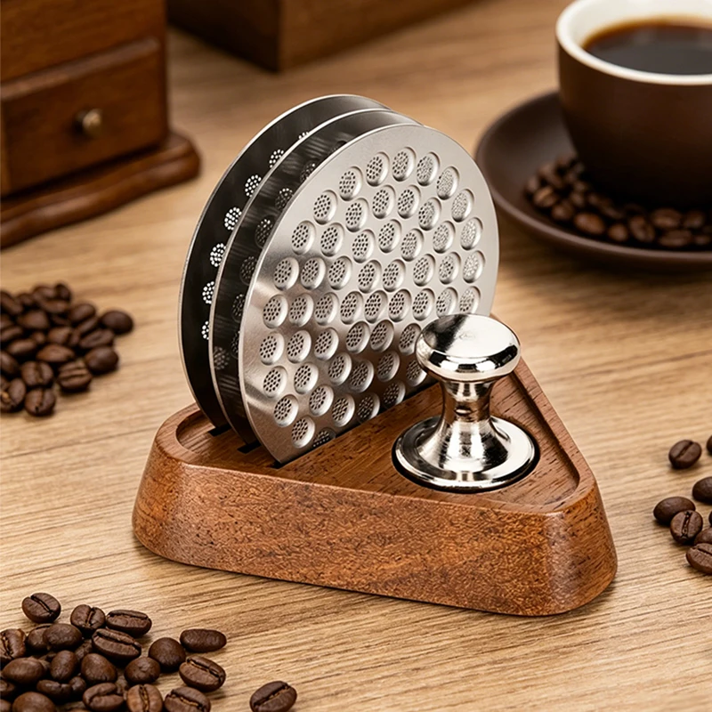 Juego de Filtros para Café con Soporte de Madera Maciza, 3 Filtros Reutilizables, Juego de Herramientas de Extracción Magnética, Compatible con Portafiltros de 51/53/58 mm