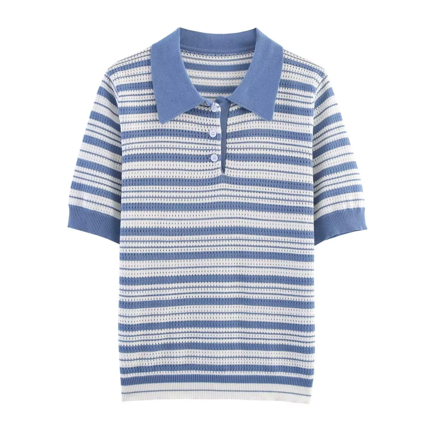 

Summer Women's Knitwear Top European American Style Lapel Short-Sleeved Cut out Stripes Design K41526