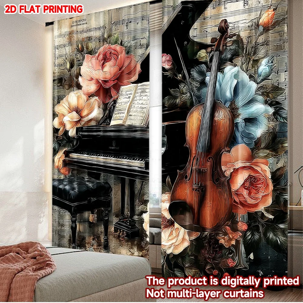 2pcs Piano Violin Music Curtains  Romantic Sheet Music with Roses Blossoms on Vintage Paper for Artistic Living Room