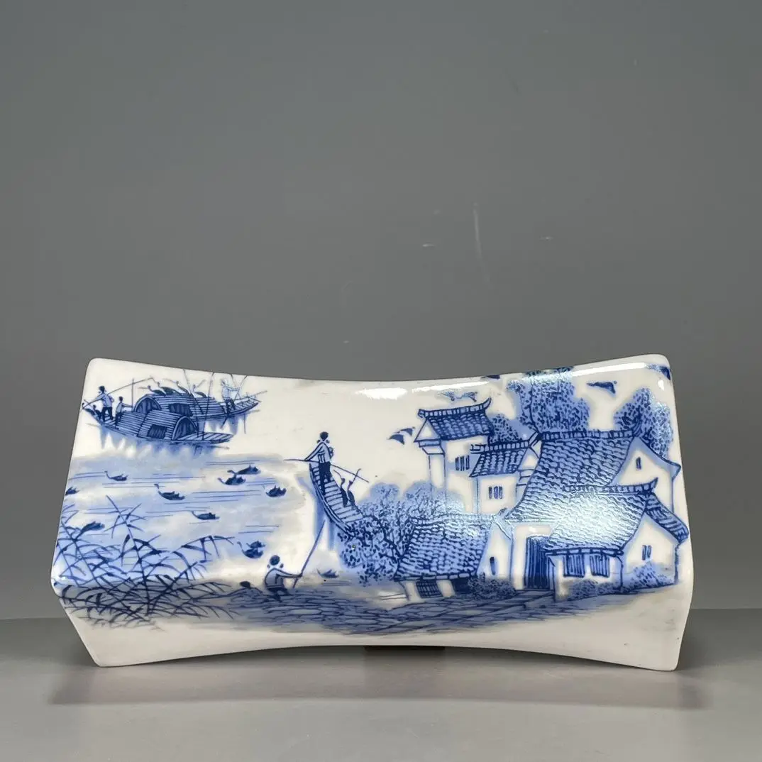 Blue and White Porcelain Pillow with Jiangnan Water Town Scenery, Marked 