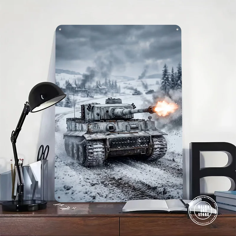 Tiger Tank Firing in Winter Battle Printed Poster Customized Retro Wall Art Vintage Metal Tin Signs for Room Decorating Interior