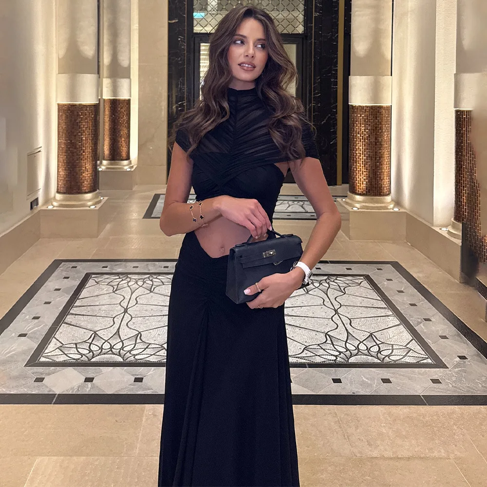 التشفير الخريف موضة شبكة Ruched مثير قطع فستان ماكسي فستان حفلات أنيقة نادي حفلة عيد ميلاد فساتين طويلة الملابس