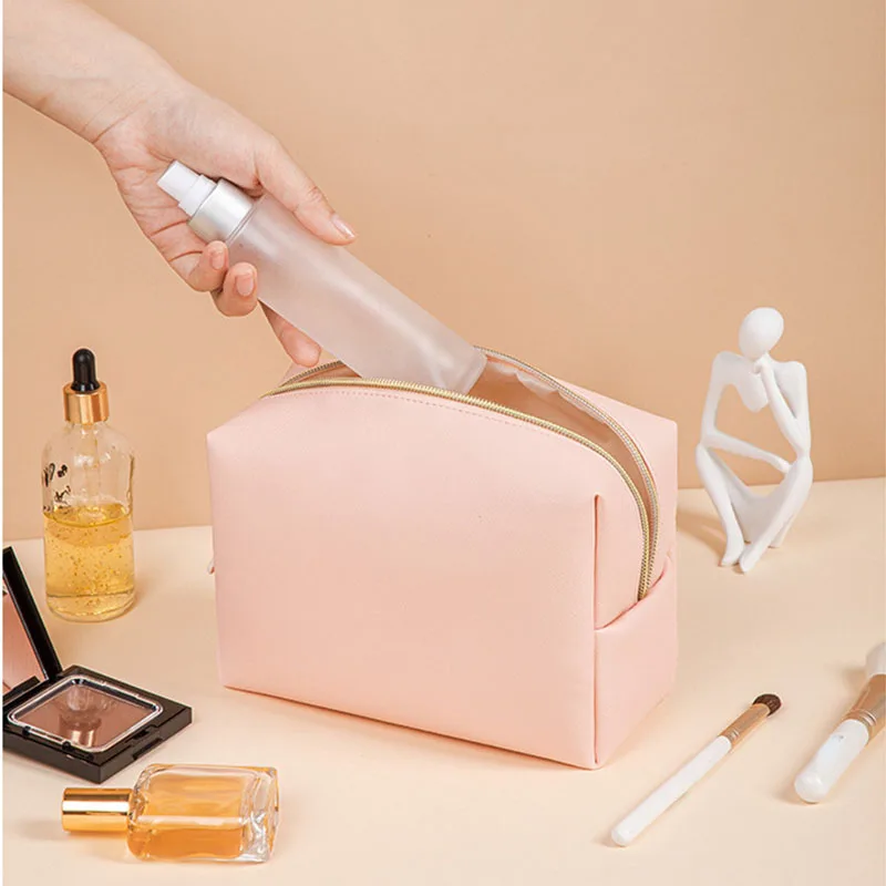 

New Solid Color Makeup Pouch Women Cosmetic Bag Waterproof PU Leather Travel Portable Wash Toiletry Storage Bag Organizer Purse