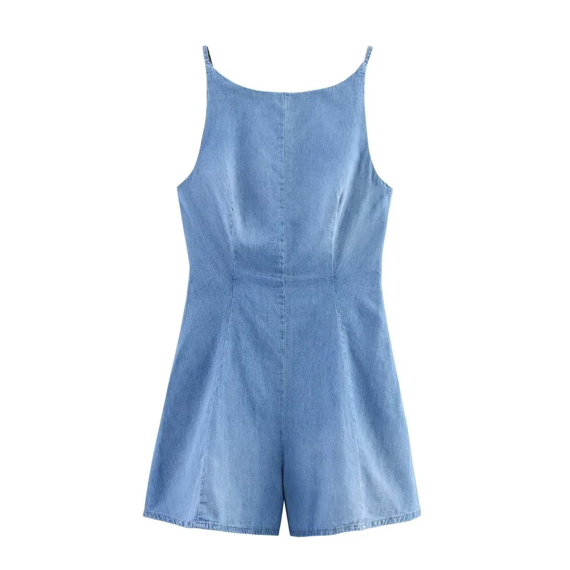 

Casual Solid Color Denim Jumpsuit Women Backless Lace-up Short Jumpsuit Women New Sleeveless Jumpsuit Street Style Jumpsuit