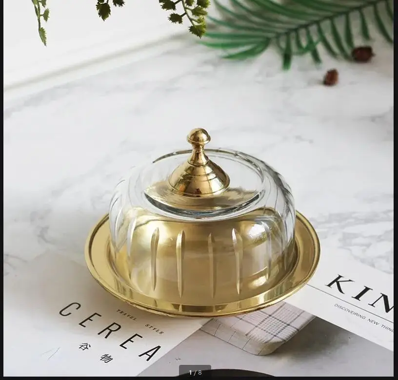 

Brass Cake Pan Transparent Glass Cover Golden Tray Stand Dim Sum Dish Fruit Plate Dessert Display Storage Trays