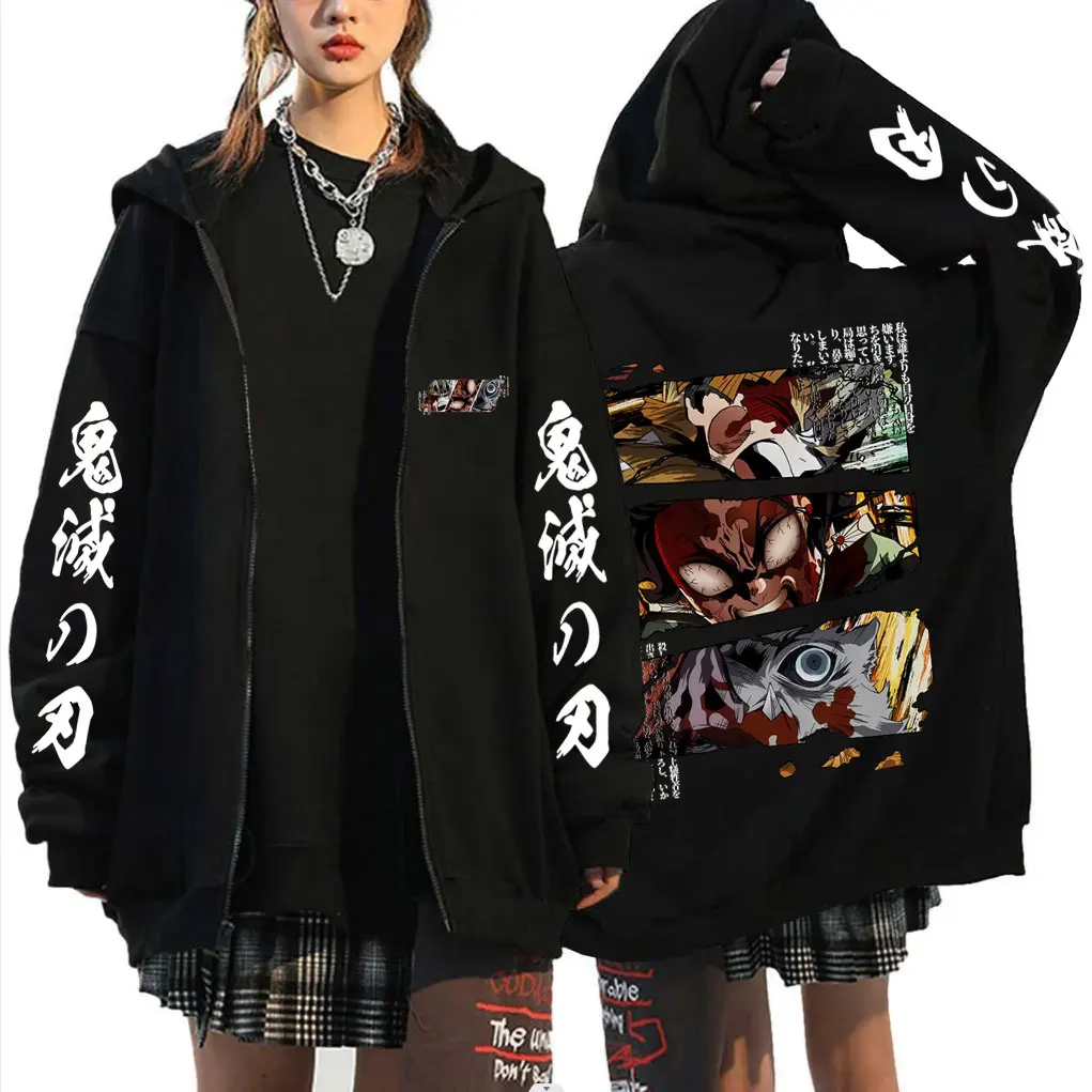

Anime Demon Slayer Agatsuma Zenitsu Kamado Tanjirou Hashibira Inosuke Print Zipper Hoodie Men Women Casual Vintage Zip Up Jacket
