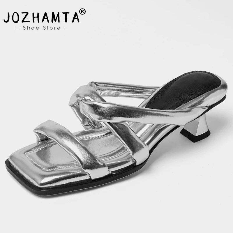 JOZHAMTA Size 33-40 Women Sandals Real Leather High Heels Slippers Summer Shoes For Women Soft 2023 Fashion Party Heeled Slides