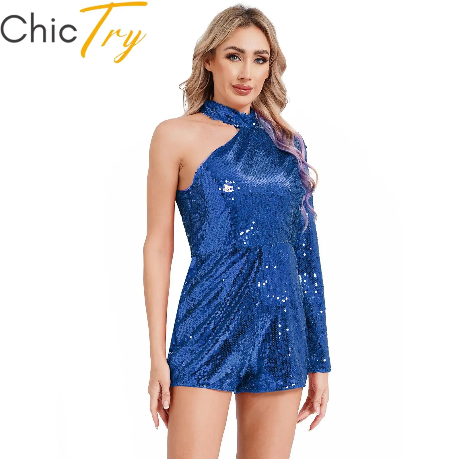 Womens Shiny Sequins Bodysuit Rompers Dance Unitard Halter Long Sleeve Shorts Bottoms Jumpsuit Clubwear Party Stage Performance