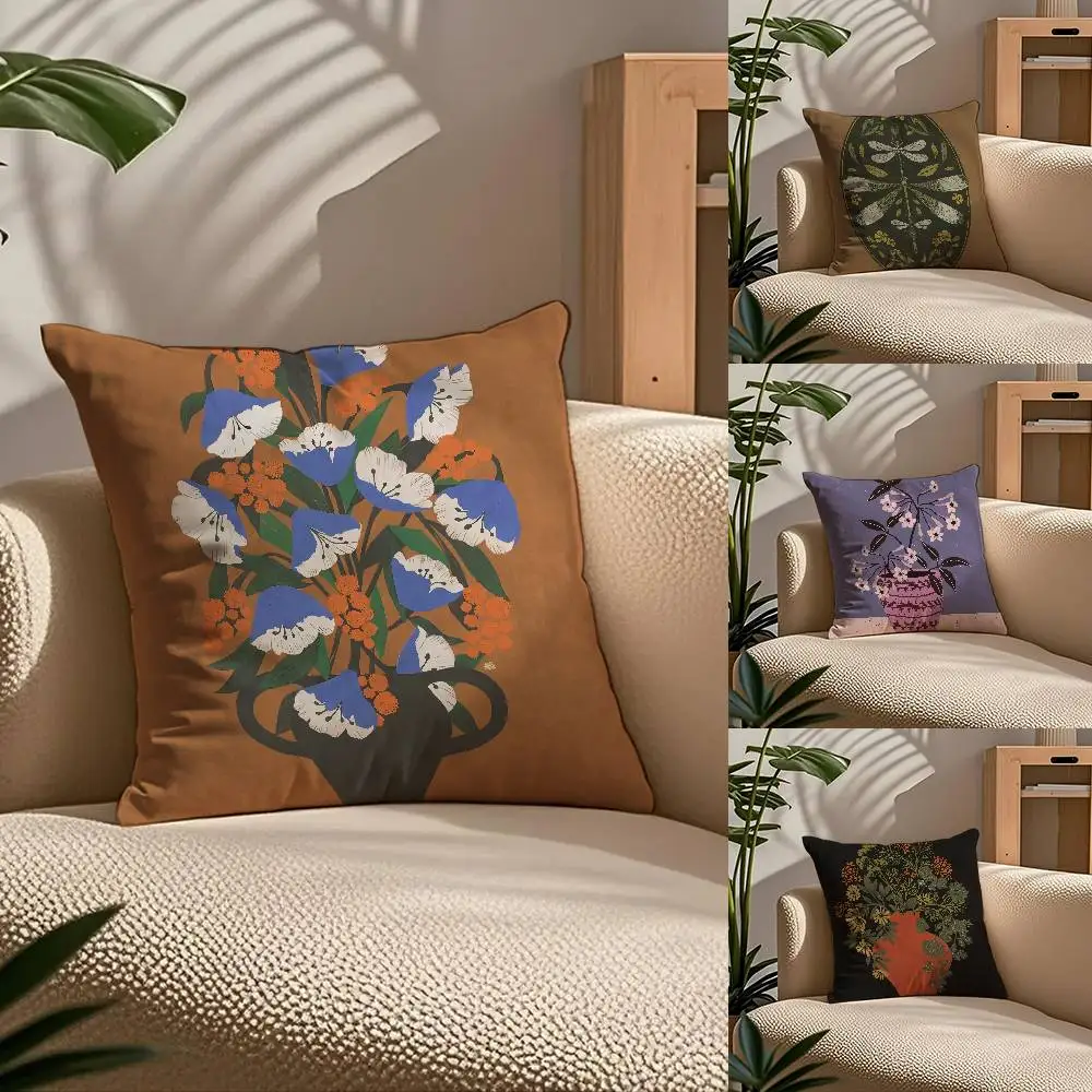 

Vintage V-Vase Print Pillow Case Comfort Sofa Bed Silky Elegant Invisible Zipper Custom Decorative Cushion Cover