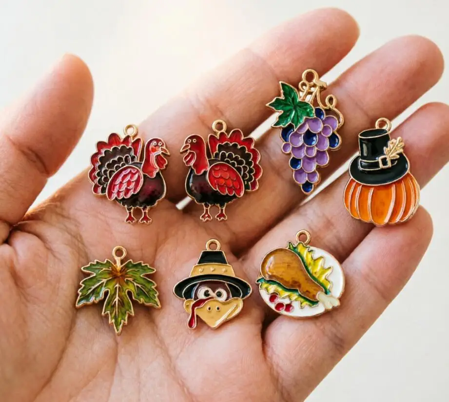 20Pcs Mixed Thanksgiving Enamel Alloy Charms Turkey Pumpkin Leaf For DIY Bracelet Necklace Handmade Jewelry Craft Accessories