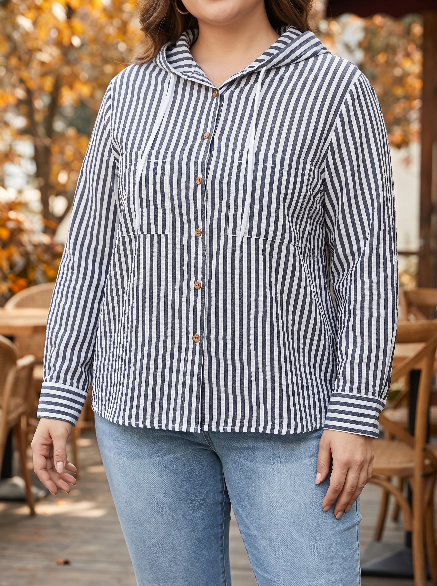 Gadinus Plus Size Women Striped Hooded Long Sleeve Top Loose Fit Casual Shirt