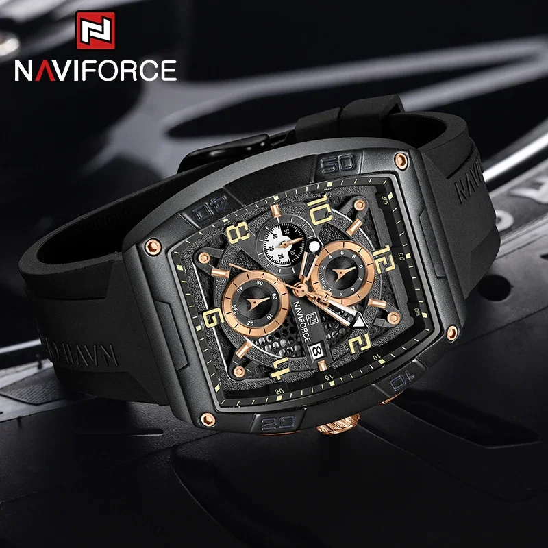 NAVIFORCE الرجال الكوارتز متعددة الوظائف الساعات موضة الرياضة التقويم مقاوم للماء ساعات المعصم رجل كبير الطلب سيليكون حزام على مدار الساعة