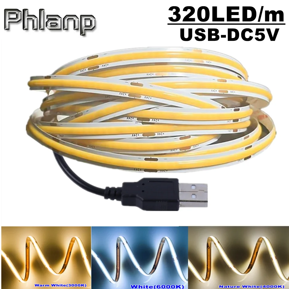 DC 5V 320LED/m COB LED light strip with USB power supply 3000K/4500K/6500K multi-color decorative atmosphere party light strip