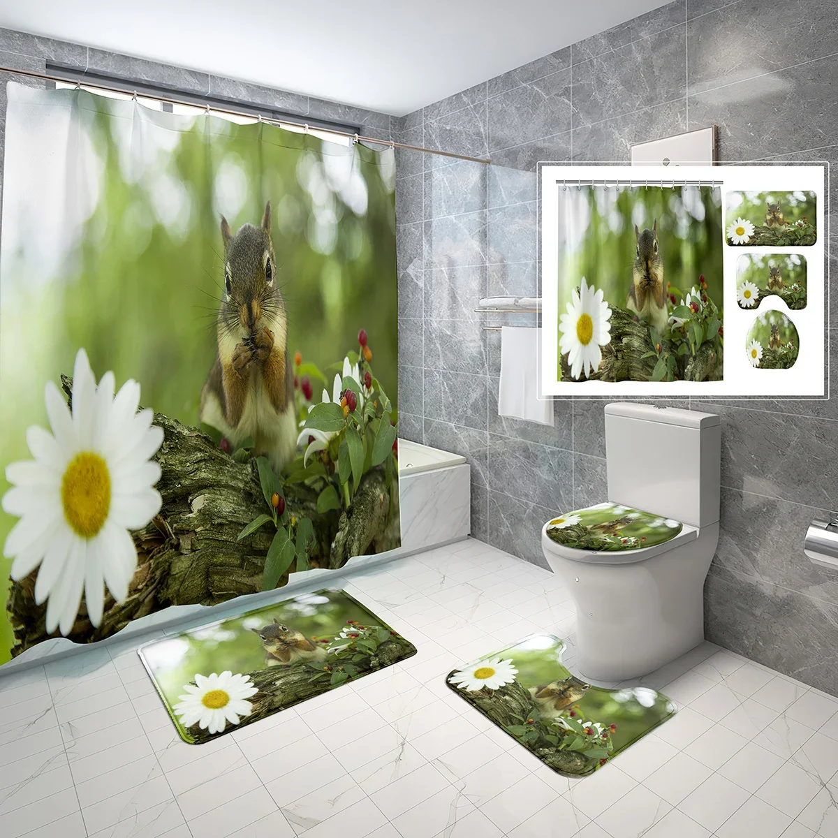 Squirrel Shower Curtain Sets 4 Pcs with Non-Slip Rugs Mat Toilet Lid Cute Nature Woodland Animal Waterproof Shower Curtain Set