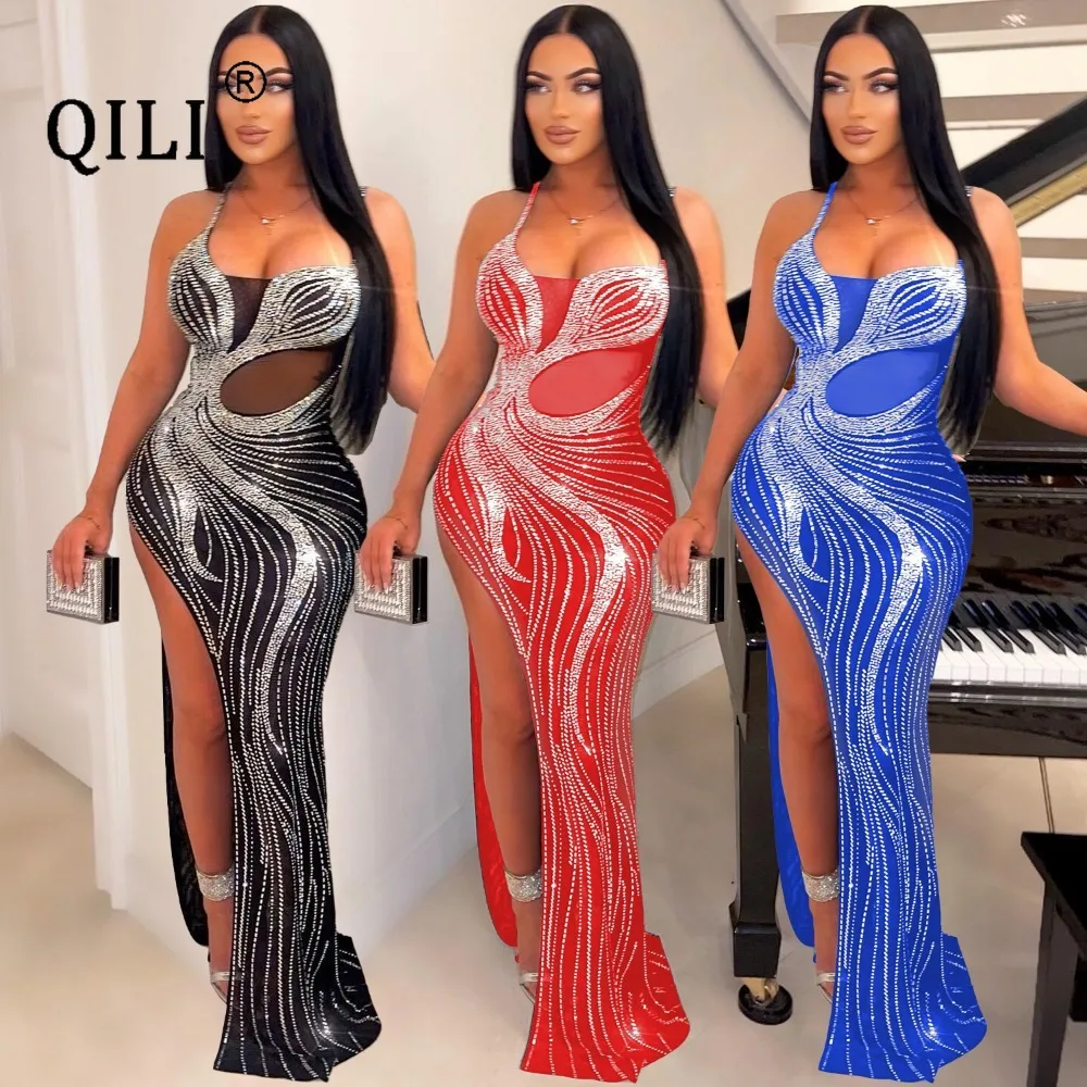 

QILI-Women's Strap Rhinestone Long Dress, Blue, Black, Red, Party Bodycon, High Split