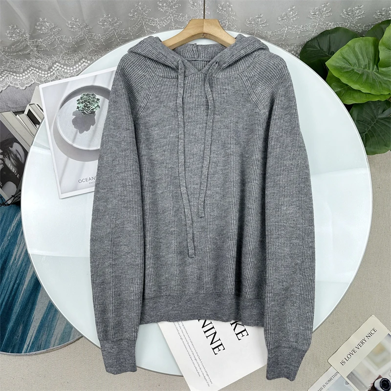 

Мягкий серый вязаный свитер с капюшоном: универсальный осенне-зимний стиль, простой, элегантный, модный, женская внутренняя одежда, трикотаж