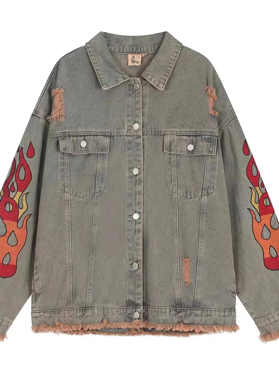 

Waed Destroyed Jeanem Flame Embroidery Denim Jaet Men Women Spring Autumn New Sle Top Ins Jaet Loose Fit Long Sve