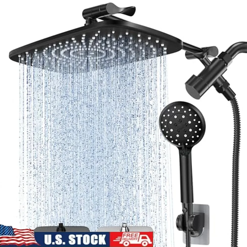 High Pressure Shower Head Combo Wide Coverage Handheld Water Spray Dual Showerhead Swivel Extension Arm Solid Brass Anti-Clog