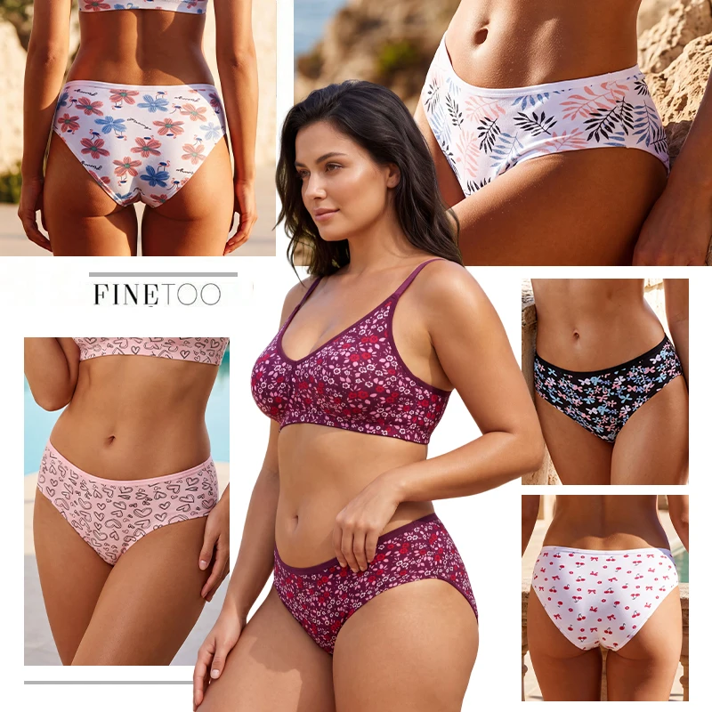 FINETOO 4Pcs/Set Cotton Crotch Printing Briefs Underpants Sexy Low Waist Anti Ride-up Underwear Female Cozy Breathable Lingerie