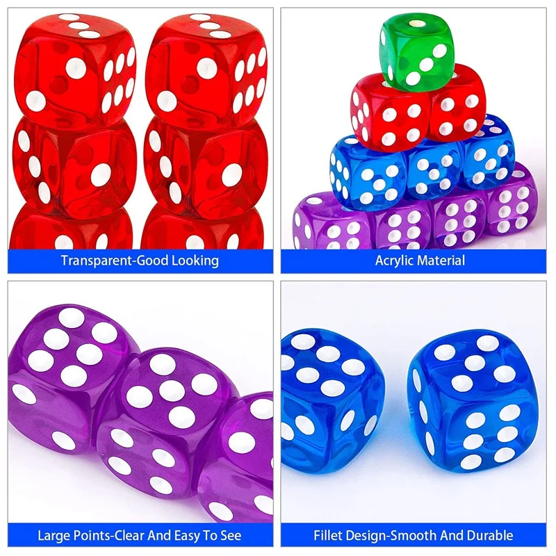 50Pack 14MM Translucent&Solid 6-Sided Game Dice For Board Games,Activity,Casino Theme,Teaching Math