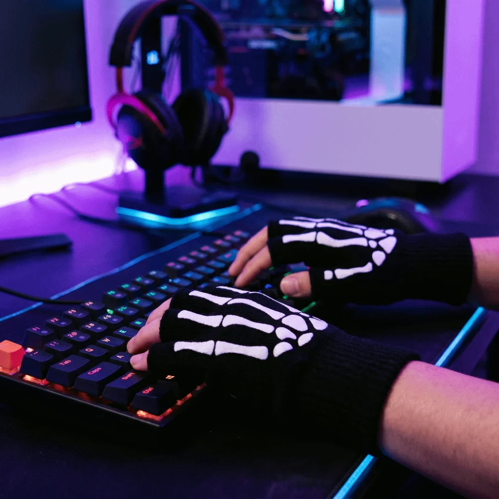 Polyester Skeleton Print Gloves Glow In The Dark Stretchy Material Knitted Half Finger Gloves Breathable Black Fluorescent