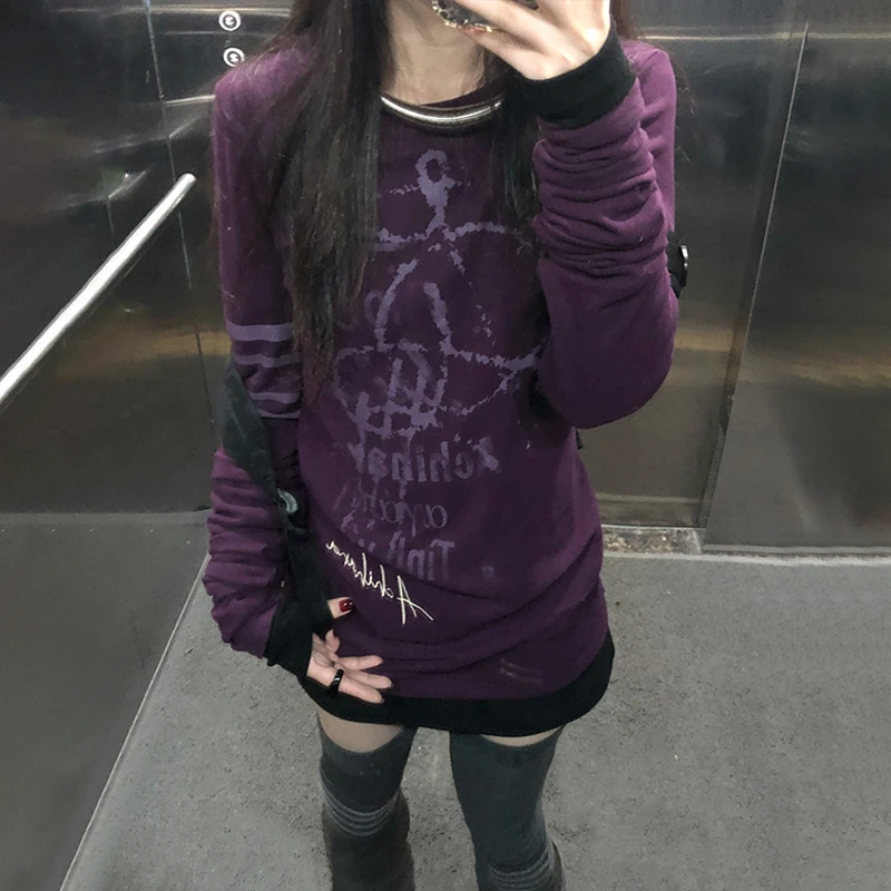 Karrram Japanese Y2k Letter Print T-shirt Grunge 2000s Style Long T Shirt Vintage Harajuku Long Sleeve Purple Top American Retro image 4