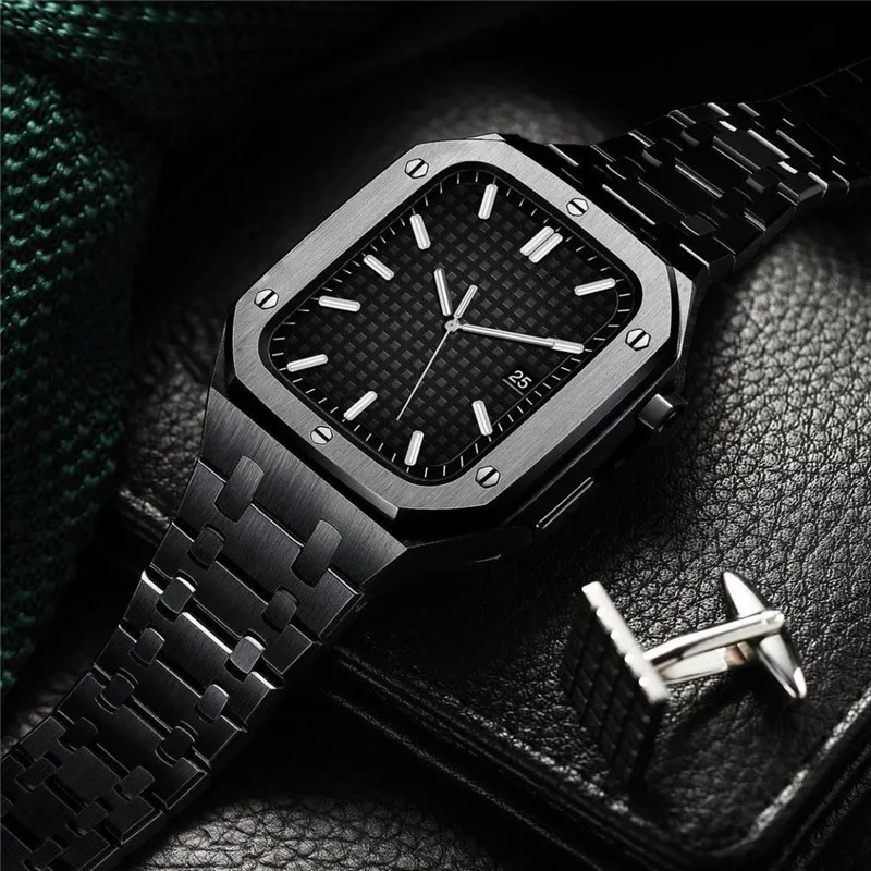 Kit de modificación de Metal de lujo para Apple Watch Series 8, 7, 45mm, 6, 5, 4, SE, 44mm, correa de acero inoxidable para iWatch, caja de bisel de reacondicionamiento