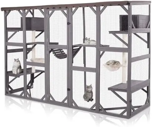 Catio Outdoor Cat Enclosure Window, Wall-Mounted Large Walk-in Cat Playpen with Scratch Posts, Basket, Platform, Bridge