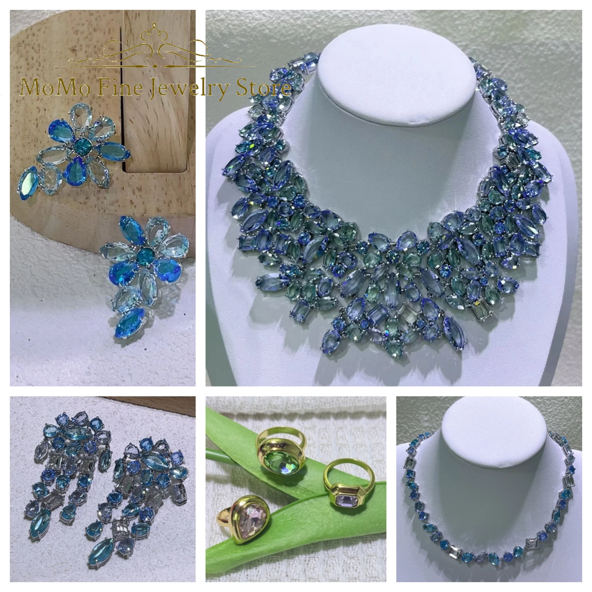 

2026 High Quality Fine Party Jewelry Sets Charm Green Blue Candy Crystal Fashion Necklaces Ring Earrings Romantic Gift for Women