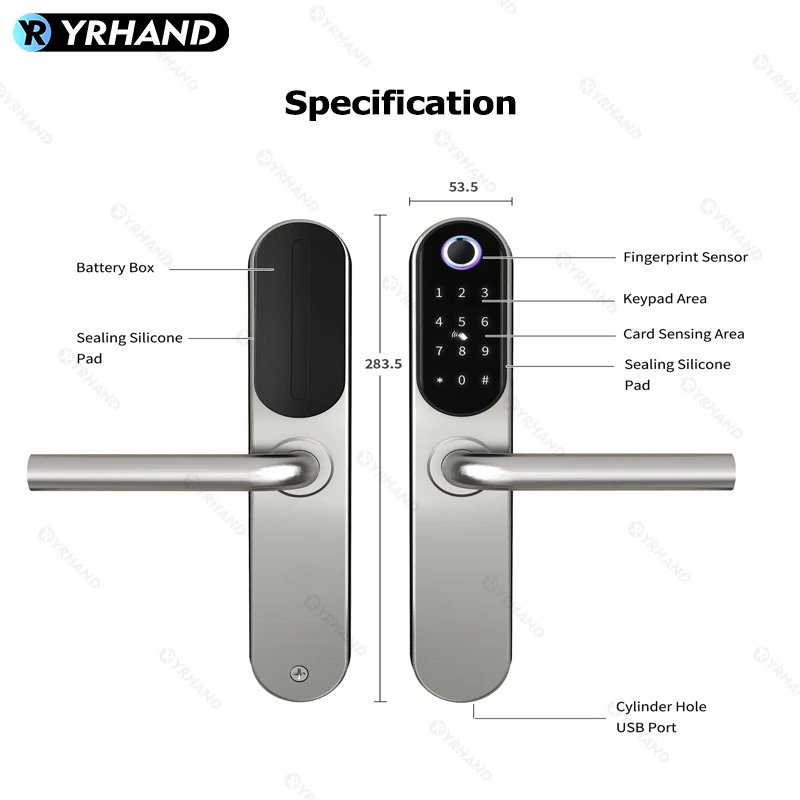 YRHAND Tuya Smart Door Lock para casa, impressão digital, impermeável, à prova de fogo, App Control, WiFi