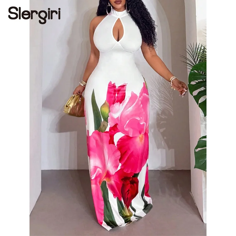 Slergiri Plus Size Floral Print Sexy Cutout Halter Long Dress Women Summer Vacation Party Elegant Backless Fit and Flare Dresses