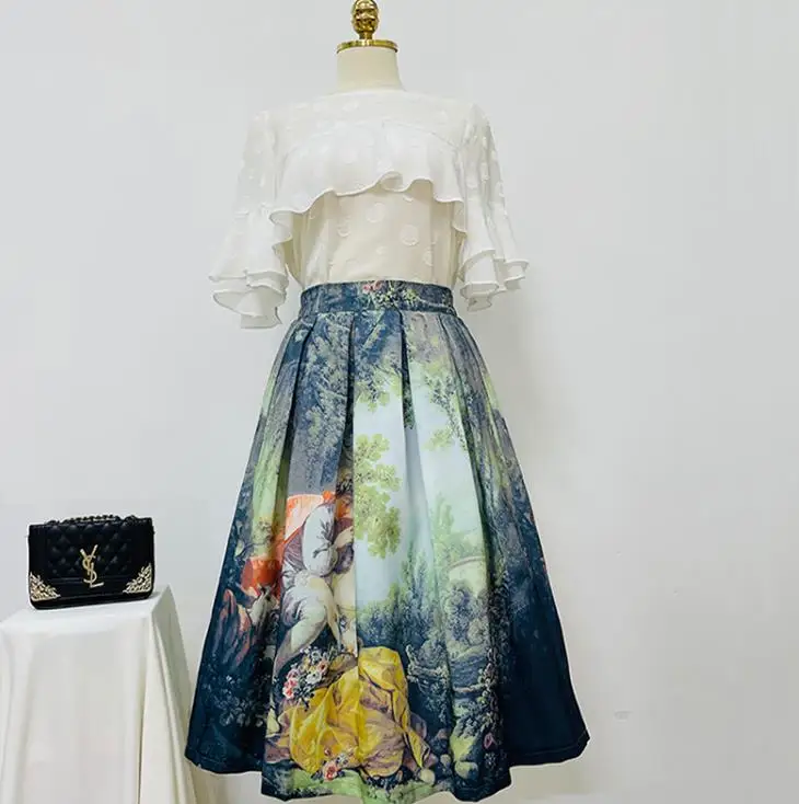 Oil painting tutu skirt 2023 summer retro print high waist pleated mid-length umbrella skirt a-line skirt