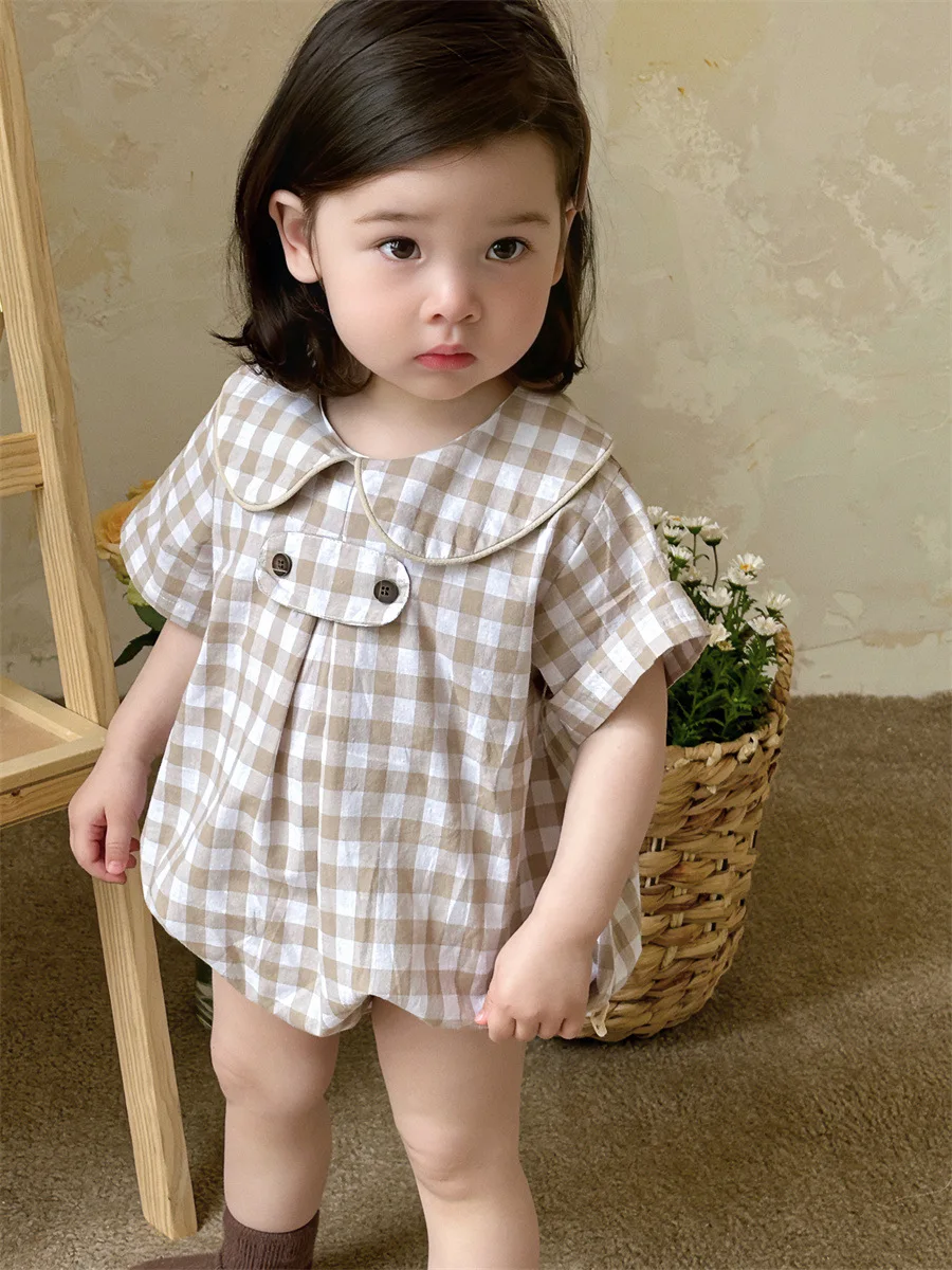 

2025 Summer New Baby Girl Plaid Bodysuit Newborn Toddler Girl Dot Print Short Sleeve Jumpsuit Cute Infant Princess Clothes
