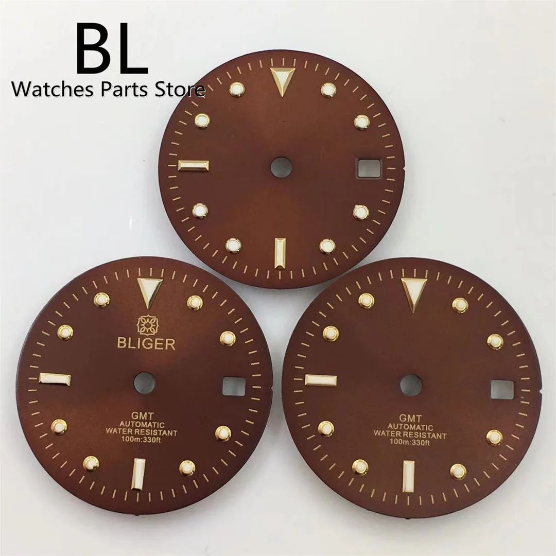 BLIGER 28.5mm Sterile Brown Watch Dial Green Luminous Fit NH34 NH35 ETA Miyota PT5000 Movement Date Function At 3 O\'clock