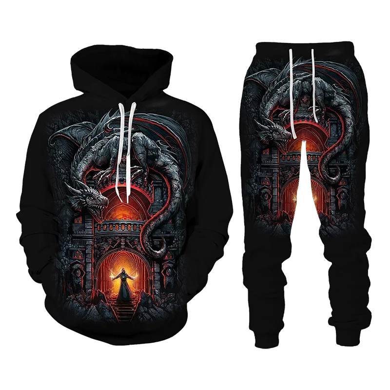 Skull Pattern 3D Print Men Vintage Tracksuit Sets Casual Hoodie+Pants 2pcs Sets Oversized Sweatshirt Casual Trend Men Clothing