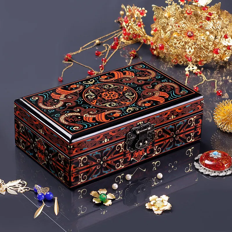 Vintage Chinese Lacquer Jewelry Box Han Pattern Classical Wooden Gift Box Luxury Storage