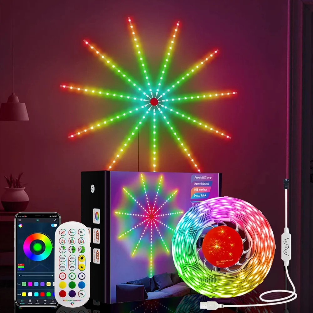 5V Vuurwerk LED-verlichting Strip Bluetooth Afstandsbediening Smart RGB Vuurwerk Lamp Spraakbesturing Muziek Sync Fairy Light Tape 5050 Flex Decor