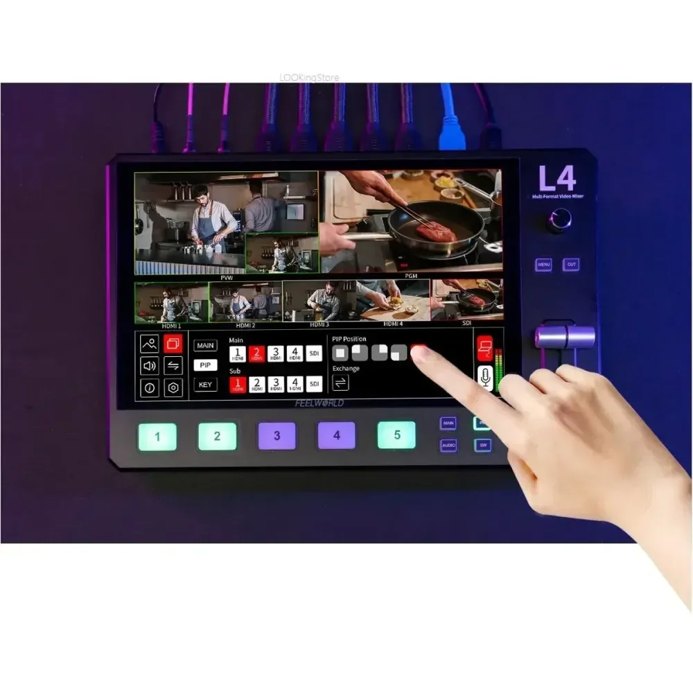 FEELWORLD L4 Multi-Caméra Commutateur 4xHDMI 1xSDI USB3.0 Live Streaming 10.1 "LCD 13 Transitions 5 PIP Modes 1080p