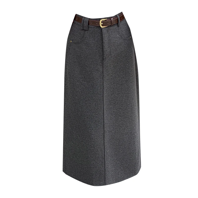 تنورة طويلة كلاسيكية عالية الخصر للسيدات 2025 تنانير صوفية شتوية دافئة مع حزام مستقيم سبليت لف ماكسي تنورة سوداء ورمادية للسيدات