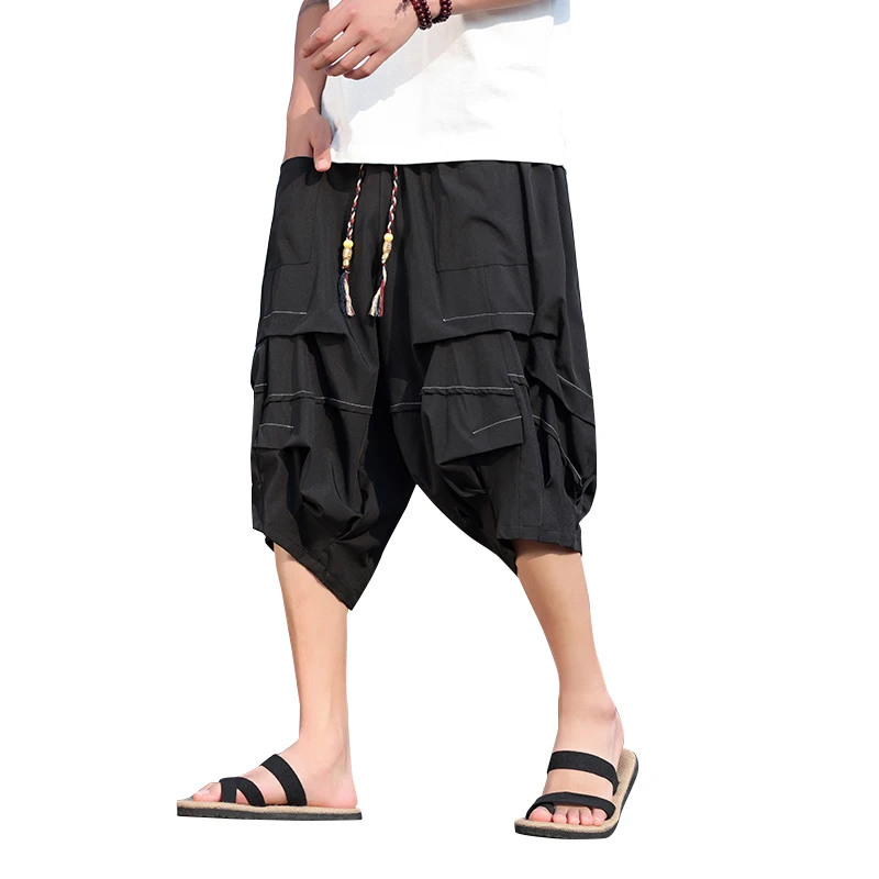 Japanese Samurai Shorts Mens Summer Ice Silk Thin Large Pocket Harem Wide Leg Pants Men\'s Haori Loose Hip Hop Trousers Plus Size