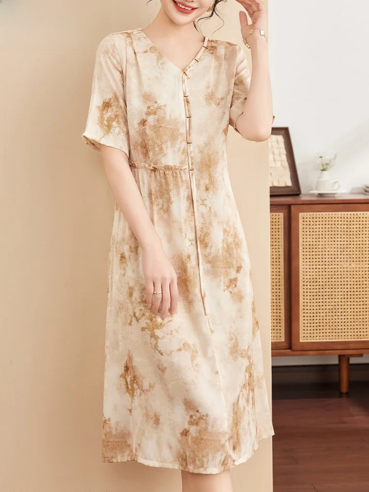 

Ele ort Sve Chiffon Dr Faionable Summer Clothing for Middle-Aged Women V-Ne Midi Dr Polyester Fiber