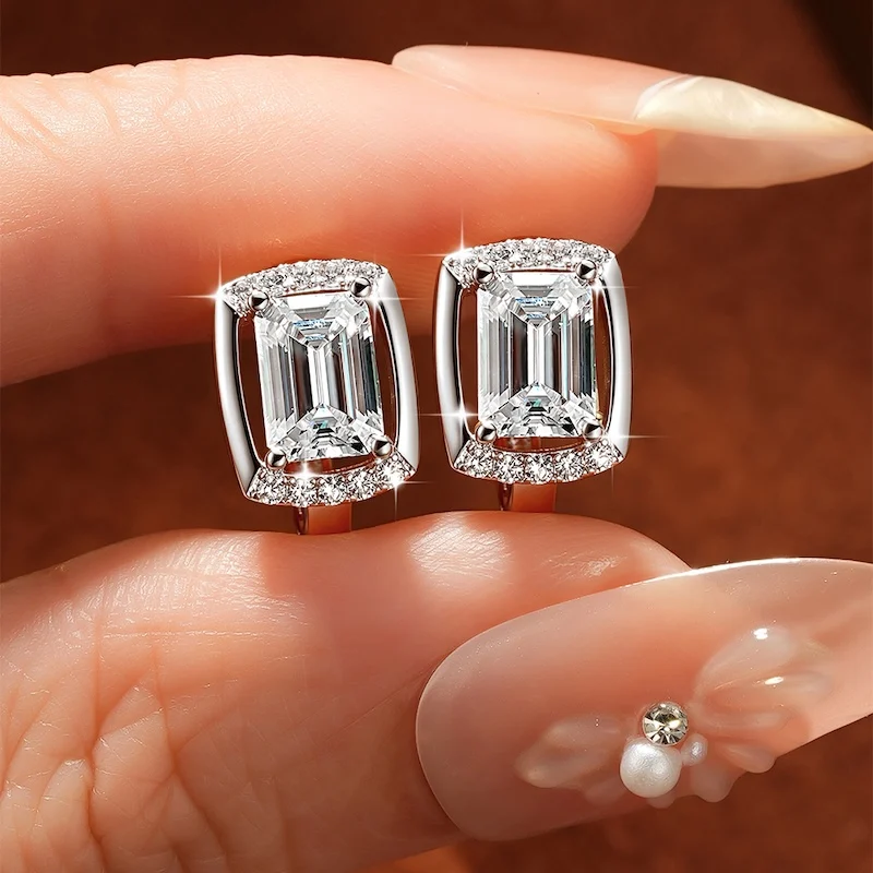 Rrjzz Huggie-Ohrringe mit Smaragdschliff, 5 x 7 mm, D-Farbe, Moissanit, für Damen, Laborimitation, Diamant-Creolen, Geburtstagsschmuck, Geschenke – Detail 8