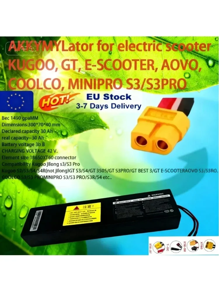 36V 10S3P 100Ah 18650 wiederaufladbarer Lithium-Ionen-Akku 500W mit integriertem BMS. Geeignet für KUGOO S1, S2, S3 Elektroroller XT60 XT30