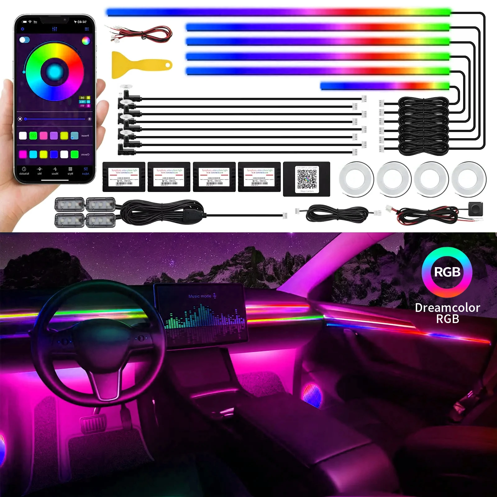 

22 In 1 Full Color Streamer Car Ambient Lights RGB 64 Color Universal LED Interior Hidden Acrylic Strip Symphony Atmosphere Lamp