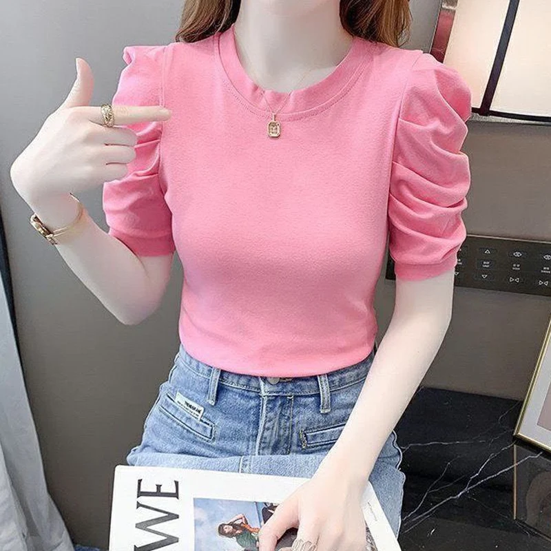 Summer New Solid Color Fashion Short Sleeve T-shirt Women High Street Round Neck Pullovers Elegant Pleated Pure Cotton Slim Tee