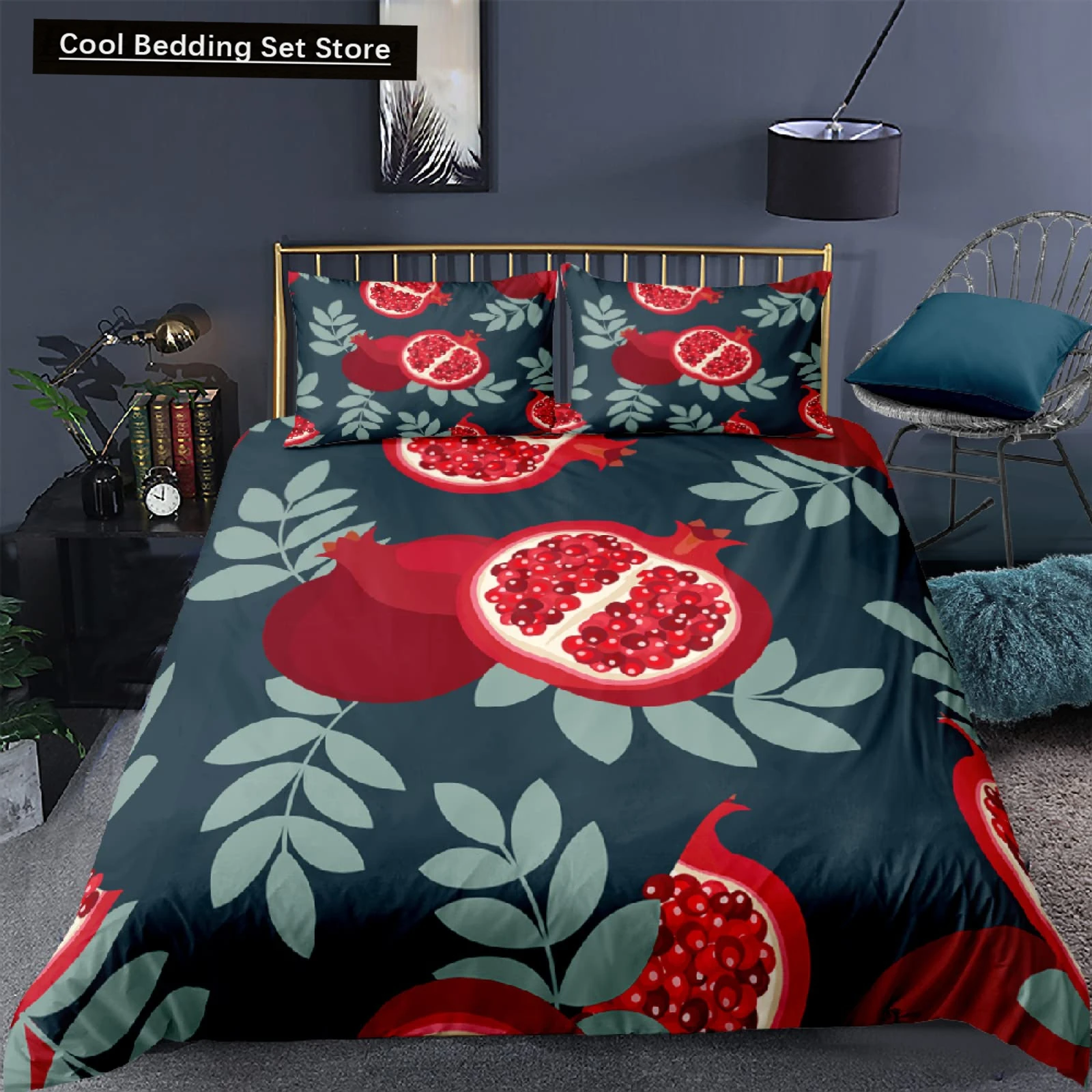 Red Pomegranate King Queen Duvet Cover Summer Tropical Fruit Bedding Set for Adults Green Leaves 2/3pcs Polyester Quilt Cover