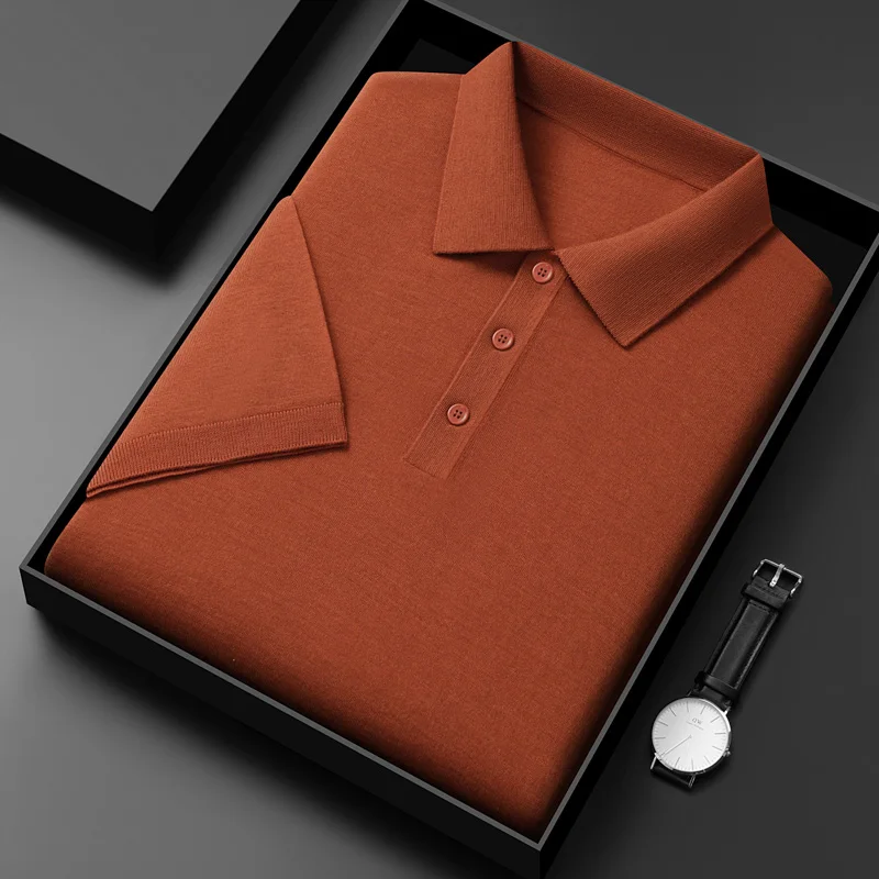 

100% Worsted Sheep Wool Tees Men Spring Thin Breathable Knit T-shirt Short Sleeve Superfine Wool Tops Pullover Knitwear