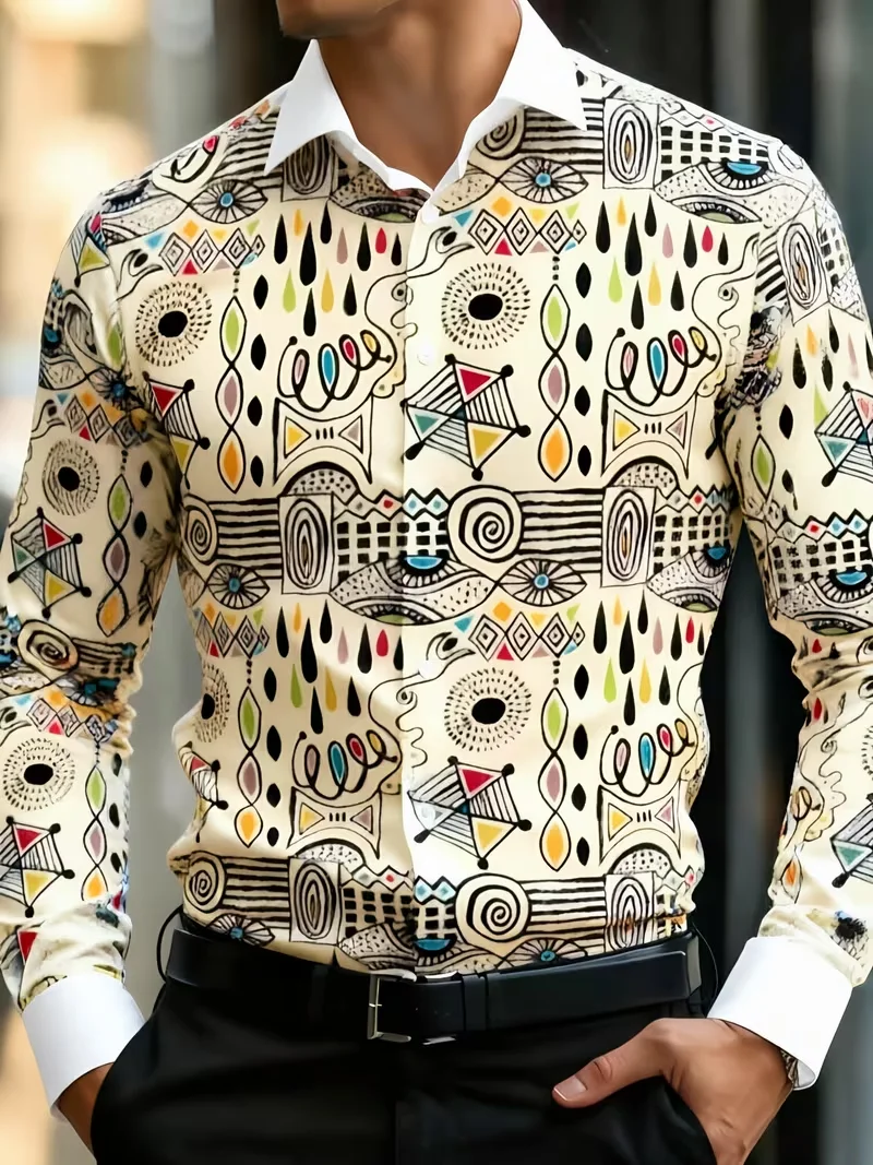 New men's horseneck buckle chain Baroque vine vertical stripe printed long sleeved shirt high gloss satin lapel top
