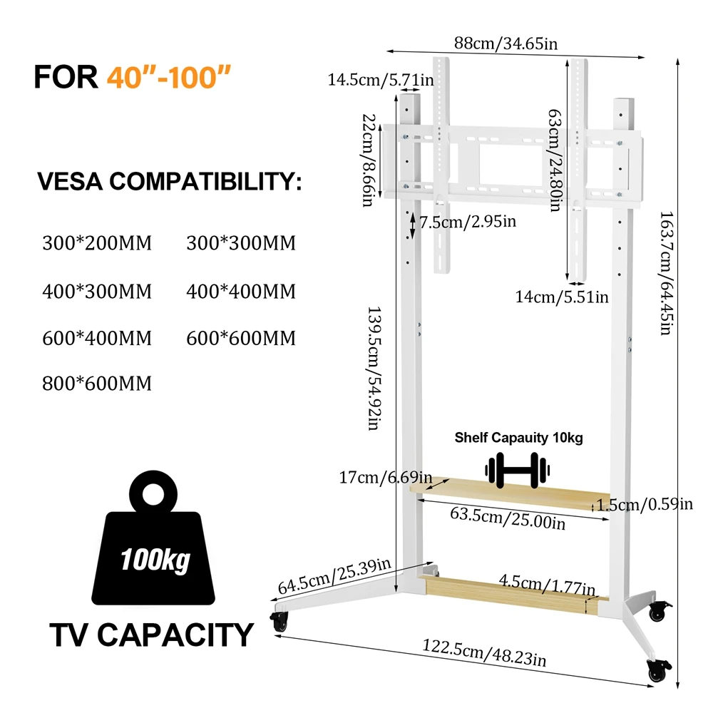 Mobile Corner TV Stand with Wheels for 40-100 Inches Height Adjustable Floor TV Mount Max Load 100kg